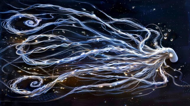 Bioluminescent giant squid gliding through a star-studded ocean