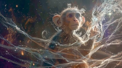 Enchanted primate exploring a cosmic galaxy filled with glowing stardust and ethereal waves