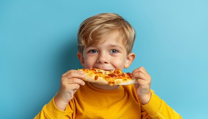 Adorable child enjoying tasty pizza on soft toned background with space for text