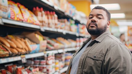 A man in a beige jacket standing in a grocery store aisle with various packaged food items on the shelves behind him.