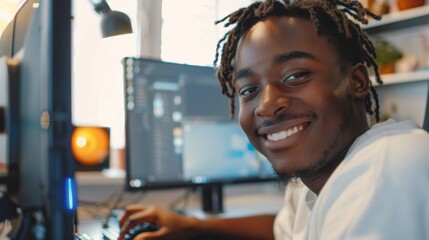Smiling young afro man in business attire sitting at desk with laptop in modern office setting.