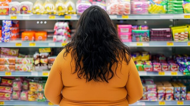 Woman with long dark hair wearing an orange top standing in a colorful candy aisle of a supermarket looking at the products.