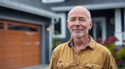 Balding man with gray beard wearing a beige button-up shirt standing in front of a house with a brown garage door.
