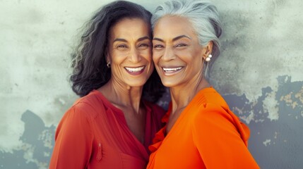 Two smiling women with gray hair wearing orange tops standing close together against a textured...