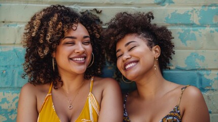 Two women with curly hair smiling and leaning against a blue wall with peeling paint wearing summer dresses and hoop earrings exuding joy and friendship.
