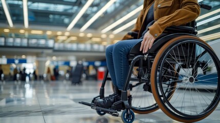 Obraz premium A person in a wheelchair wearing a brown jacket and blue jeans in a spacious modern building with high ceilings and natural light.