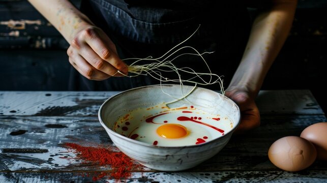 Close-up of hands cracking an egg into a bowl on a rustic wooden table