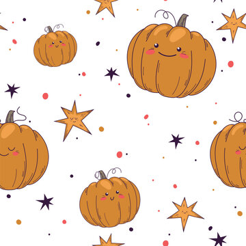 Funny vector seamless pattern from cute smiling pumpkins and stars on white background