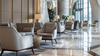 Elegant airport lounge featuring designer furniture and high-end decor