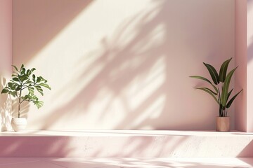 Indoor Plants and Shadows on Pink Wall
