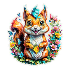 Squirrel Sticker Colorful Squirrel Bliss A Bouquet of Joy Surrounds the Cartoon Squirrel Sticker on Transparent Background, Adorned with Vibrant Flowers and Rainbow Butterflies - Generative AI