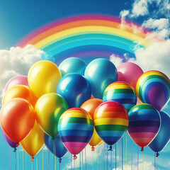 Pride symbol, multi colored balloons and rainbow on blue sky