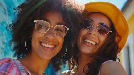 Two smiling women with curly hair one wearing glasses and the other a hat enjoying a sunny day...