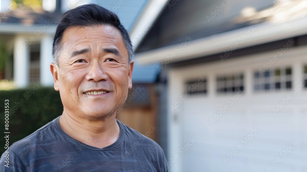 Wall mural asian man smiling standing in front of a garage door wearing a casual gray shirt.