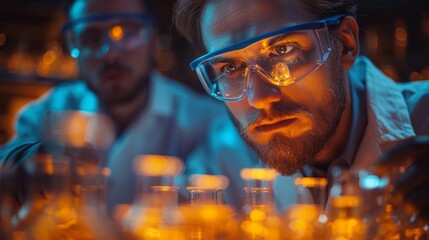Chemists synthesizing a new compound in a laboratory,Reagents mixing in a flask with reaction occurring
