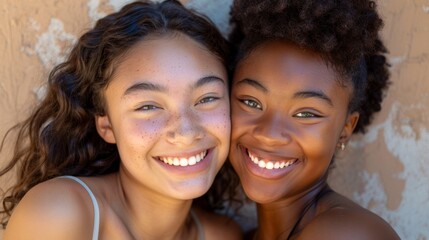 Two young girls with radiant smiles one with light skin and the other with dark skin sharing a joyful moment against a textured wall.