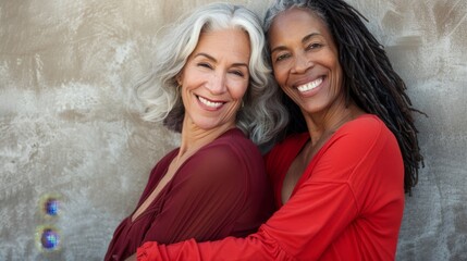 Two women one with gray hair and the other with dark hair smiling and embracing each other against a textured wall.