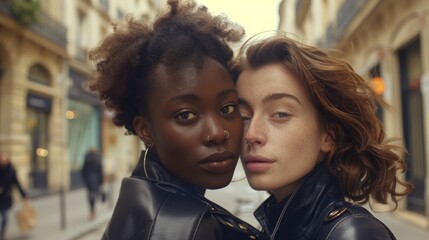 Two young women with contrasting skin tones wearing black leather jackets share a close moment on a city street their faces close together with a blurred urban backdrop.