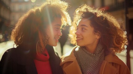 Two young women with curly hair smiling and looking at each other standing on a street with sunlight shining on their faces.