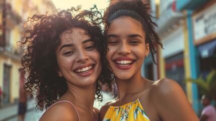 Two young women with curly hair smiling brightly enjoying a sunny day on a city street.