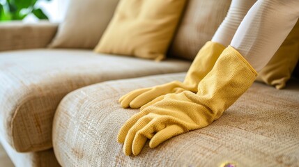 Yellow gloves on a person's hands resting on a beige couch.
