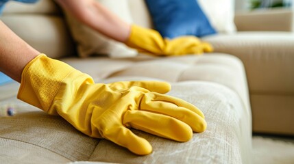 A person wearing yellow gloves with a textured pattern sitting on a beige sofa with a blue pillow.