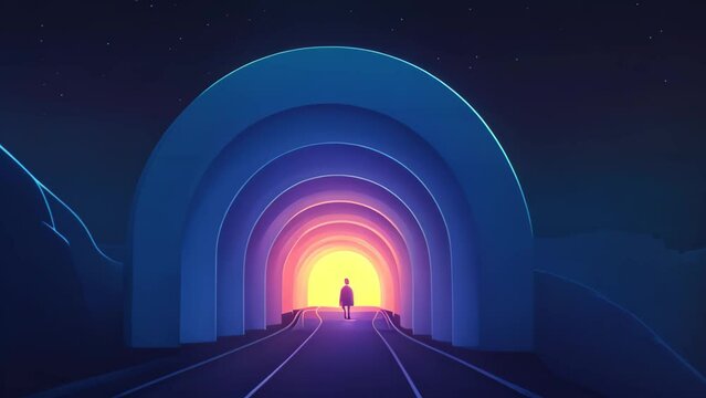 A lone individual casts a shadow while standing at the entrance of a brightly illuminated tunnel under a starry night sky, VPN tunnel shown in a minimalist style