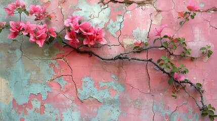 Vibrant pink bougainvillea against a peeling pastel wall exhibits nature's resilience and beauty