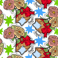 Gift box, ribbon and flowers seamless vector pattern for wrapping present with bow, party celebration, sale promotion, Textile print, fabric design, banner background. Hand drawn style illustration.