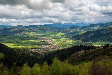 Beautiful view from lookout tower on Hladky vrch hill above Zborov nad Bystricou village in Slovakia