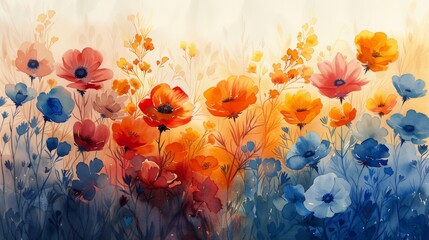 Vibrant watercolor painting of multicolored flowers blending into a dreamy abstract background