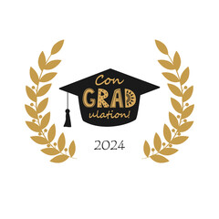 Congratulations on graduation, graduate cap with Congradulation lettering in laurel wreath frame. Greeting card design element for graduation party. Vector illustration.