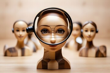 A human-shaped wooden doll, a magnifying glass focused on the target icon, customer service, data exchanges development, and customer relationship management are all intended uses for these tools. - obrazy, fototapety, plakaty