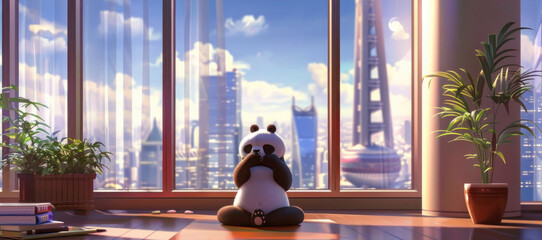 A panda bear is seated on the floor in front of a window, looking outside