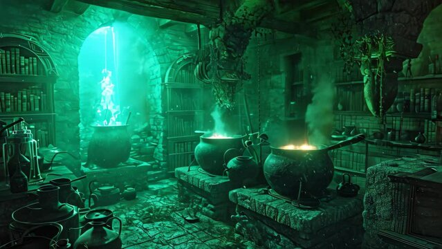 A room filled with an abundance of pots, each brimming with vibrant green liquid, Witch's lair with Bubbling cauldrons and creepy spell ingredients
