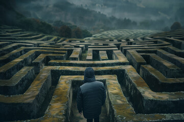 Man standing stuck inside endless complicated maze. Hopeless crisis situation concept.