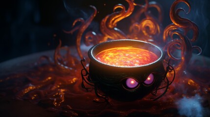 A cauldron boils with a bright orange bubbling liquid. The cauldron has two eyes and tentacles and the liquid is bubbling over.