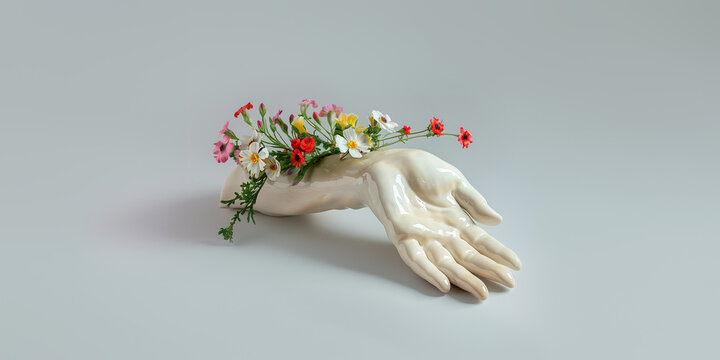 Female hand porcelain sculpture figure with blooming arm flowers. Romantic style object.