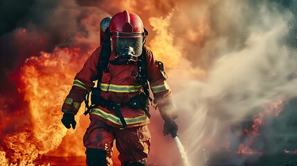 training., fireman using water and extinguisher to fighting with fire flame in an emergency situation.,