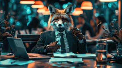 Naklejka premium A fox dressed in a suit is seated at a table