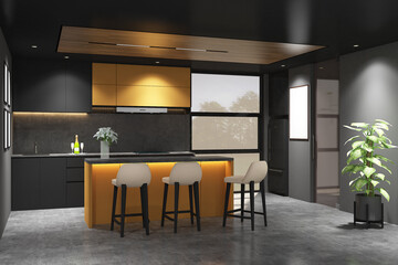 3d rendering illustration of yellow and dark gray pantry side the window with island, bar chair, frame mock up. Concretet floor and wood ceiling. Set 18