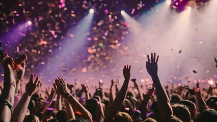 A vibrant crowd of fans at a live concert, cheering and celebrating as confetti fills the air, A confetti storm during a music concert