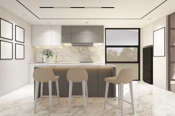3d rendering illustration of white and gray pantry side the window with island, bar chair, frame mock up. White marble floor and white ceiling. Set 21