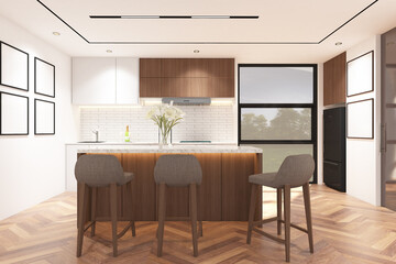 3d rendering illustration of wood and white pantry side the window with island, bar chair, frame mock up. Wood parquet floor and white ceiling. Set 22
