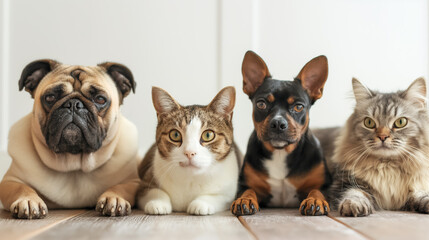 Dogs and cats sitting side by side, looking forward with curious and attentive expressions.