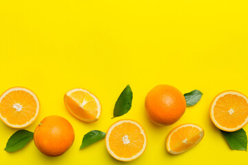 fresh Fruit orange slices on colored background. Top view. Copy Space. creative summer concept. Half of citrus in minimal flat lay with copy space