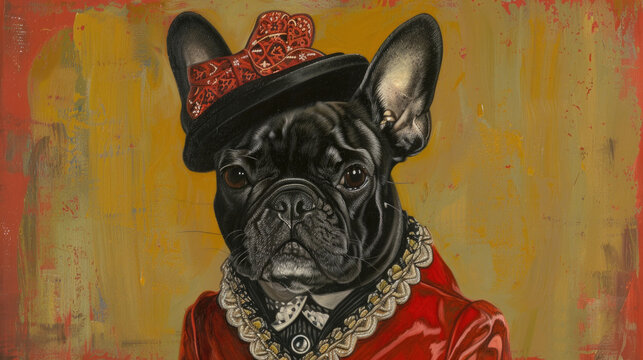 A dog painted wearing a stylish top hat, showcasing a charming and whimsical portrait