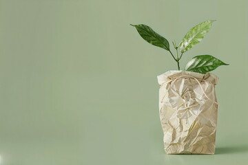 Young plant in a recycled paper bag on green background with copy space. Eco-friendly packaging and sustainability concept for design and print.