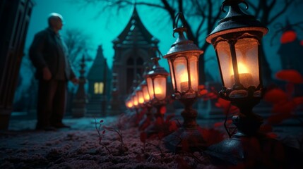 A man standing in a graveyard at night. The only light comes from the lanterns. The mood is spooky and mysterious.