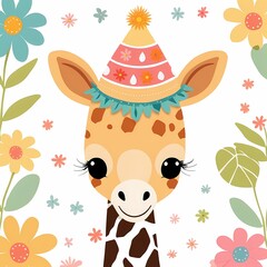 Naklejka premium Floral Baby Giraffe Nursery Illustration Generative AI Illustration 